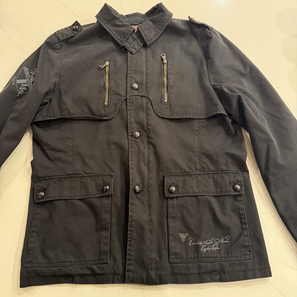 Guess Jeans‎ Mens Black Military Field Jacket Zip Button Utility Coat L